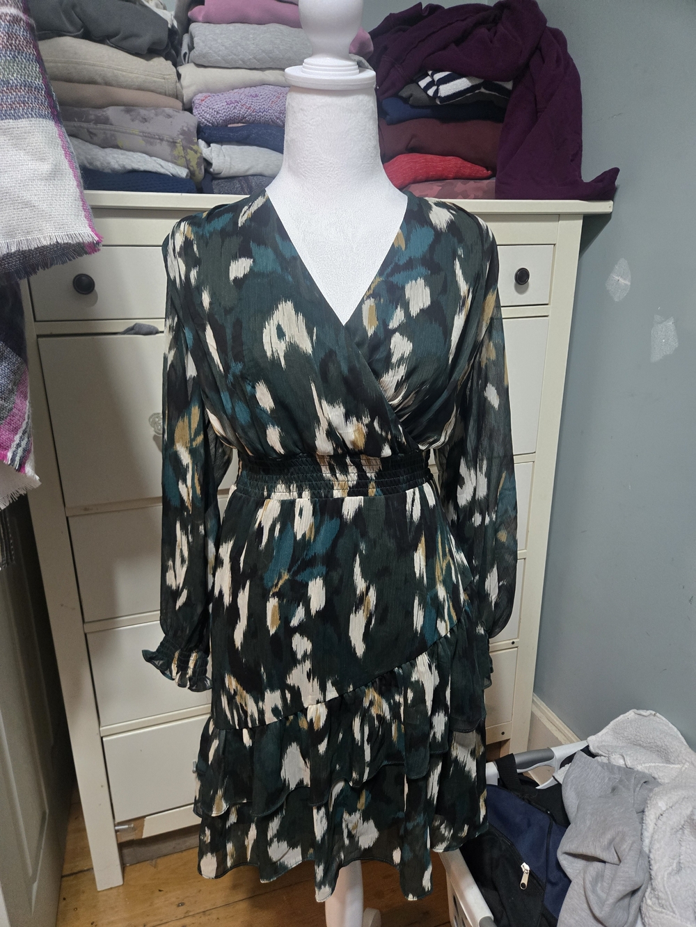 Harper Green and Ivory Printed Wrap-Style Long Sleeve Dress